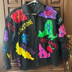 MODI DENIM Vintage Black Sequin Embellished Jacket USA & Big Cities Maps 6-8